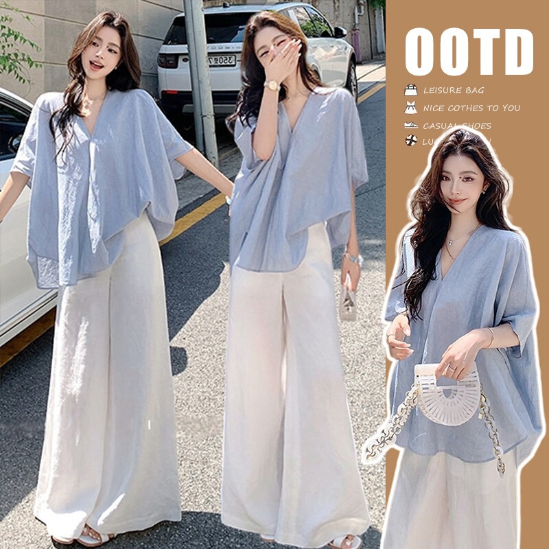 Summer New Style High-Quality Linen-Cotton Loose Collar Batwing Sleeve Short-Sleeve Top with Lightweight Textured Loose Wide-Leg Pants Set
