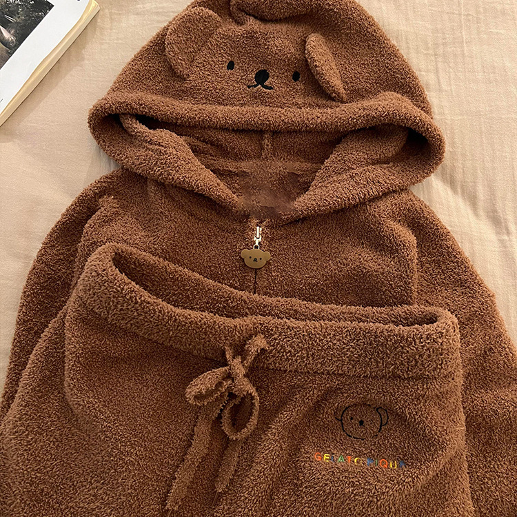 软萌小熊针织连帽半边绒睡衣女秋季新款加厚保暖长袖家居服套装|undefined