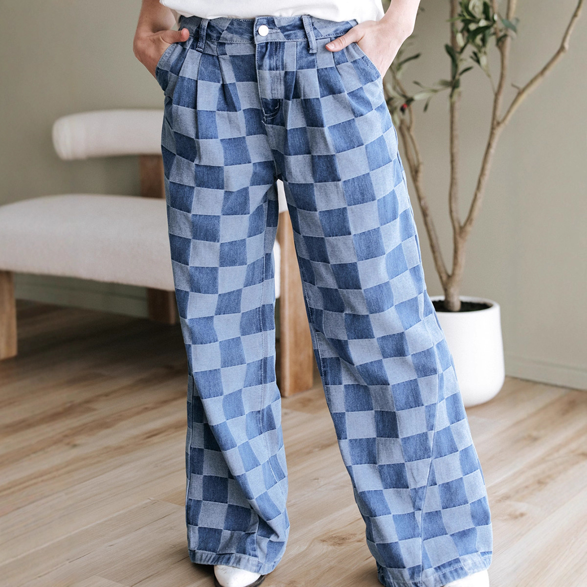 European and American Personalized Trendy Checkerboard Print Jeans for Women 2025 Autumn New High-Waisted Loose Wide-Leg Pants for Women