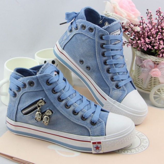 Denim High-Top Canvas Shoes for Women Korean Style Casual Shoes 2024 Spring and Autum New Retro Large Size Sneakers Zipper