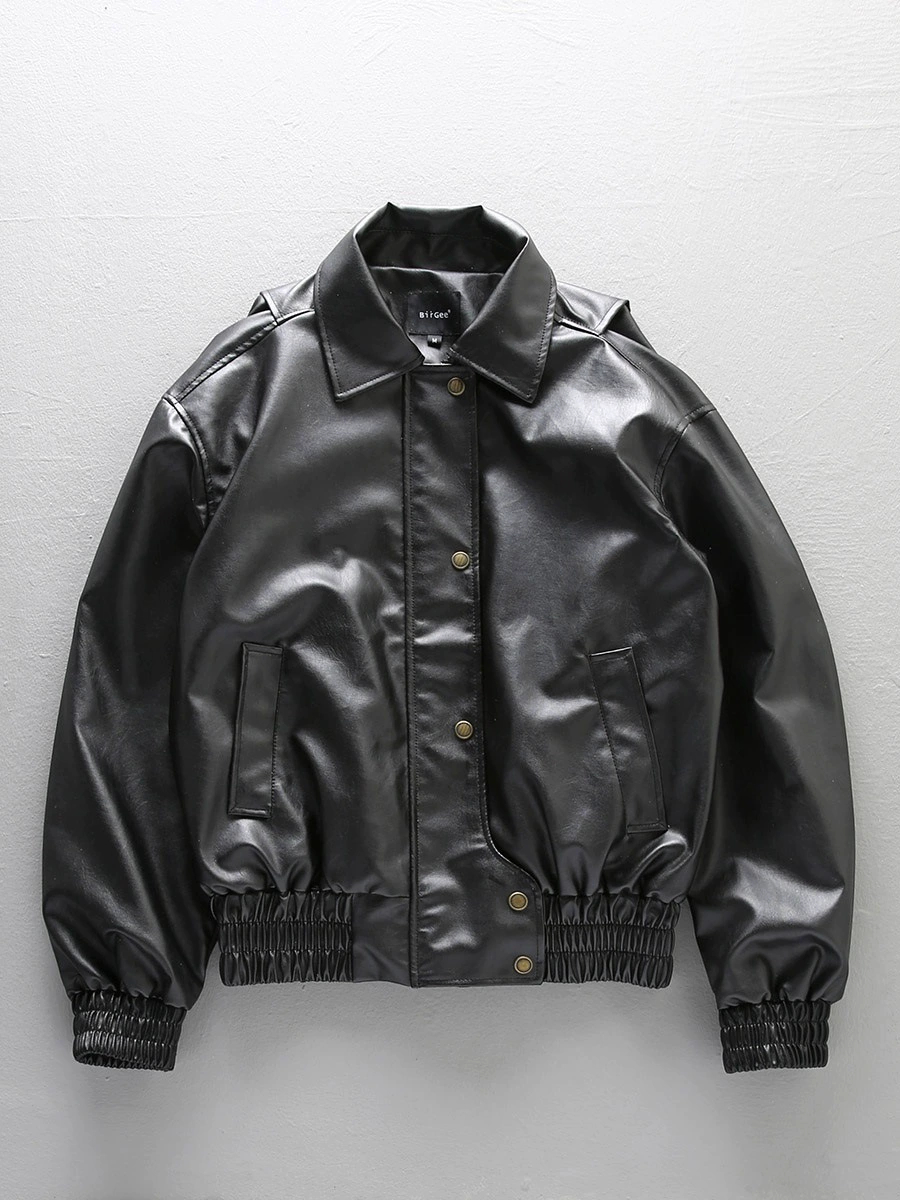 Jacket, polyurethane retro black set, American style, loose fit