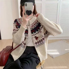 秋冬慵懒复古提花针织开衫女设计感拉链毛衣外套韩版百搭针织上衣