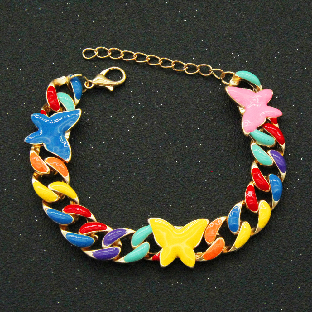 Fashion hip-hop color dripping oil butterfly Cuban chain necklace