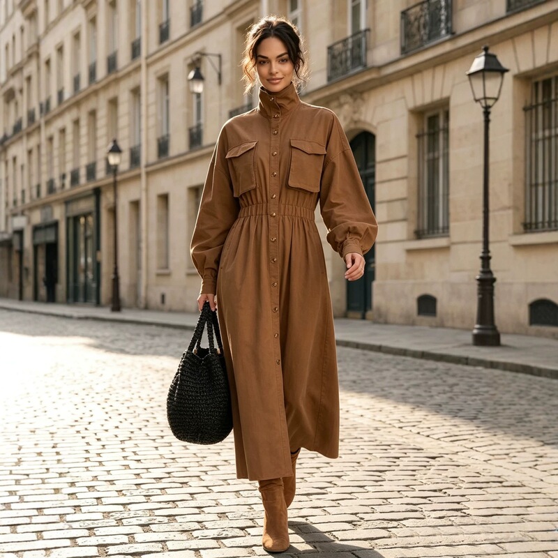 European and American cross-border Amazon independent store TK2026 autumn and winter new fashion elegant waist-cinching stand-collar button-down dress for women European and American cross-border Amazon independent store TK2026 autumn and winter new fashion elegant waist-cinching stand-collar button-down dress for women