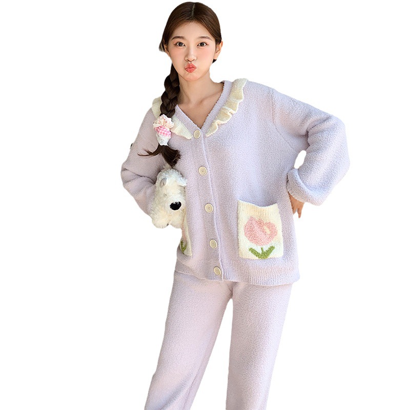 23 Otoño e Invierno medio terciopelo engrosado pijamas Tulip cardigan conjunto de dos piezas prendas de vestir exteriores homewear para las mujeres