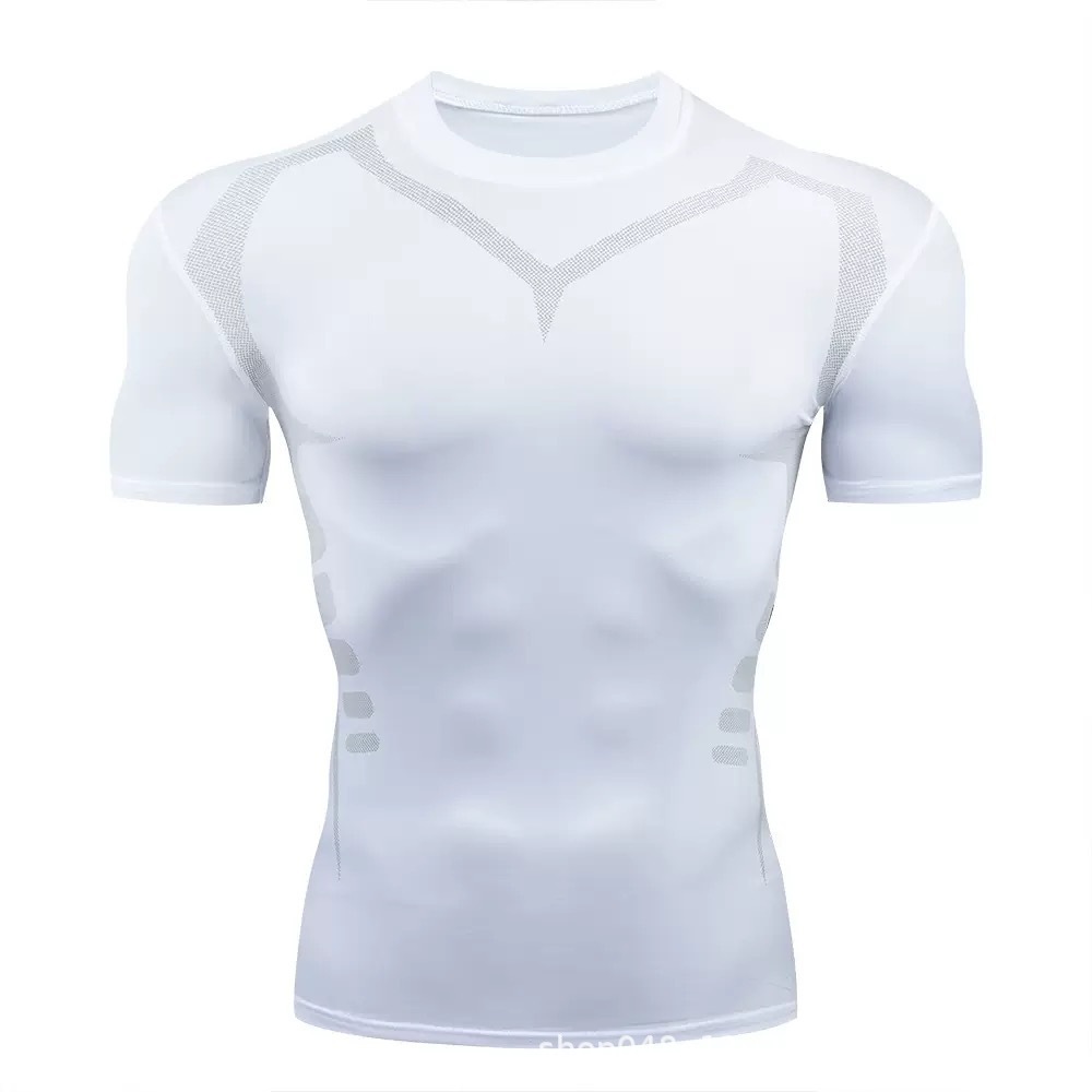 Fitness hombre camiseta de cuello redondo de baloncesto camiseta de fútbol de compresión de manga corta blanco rojo
