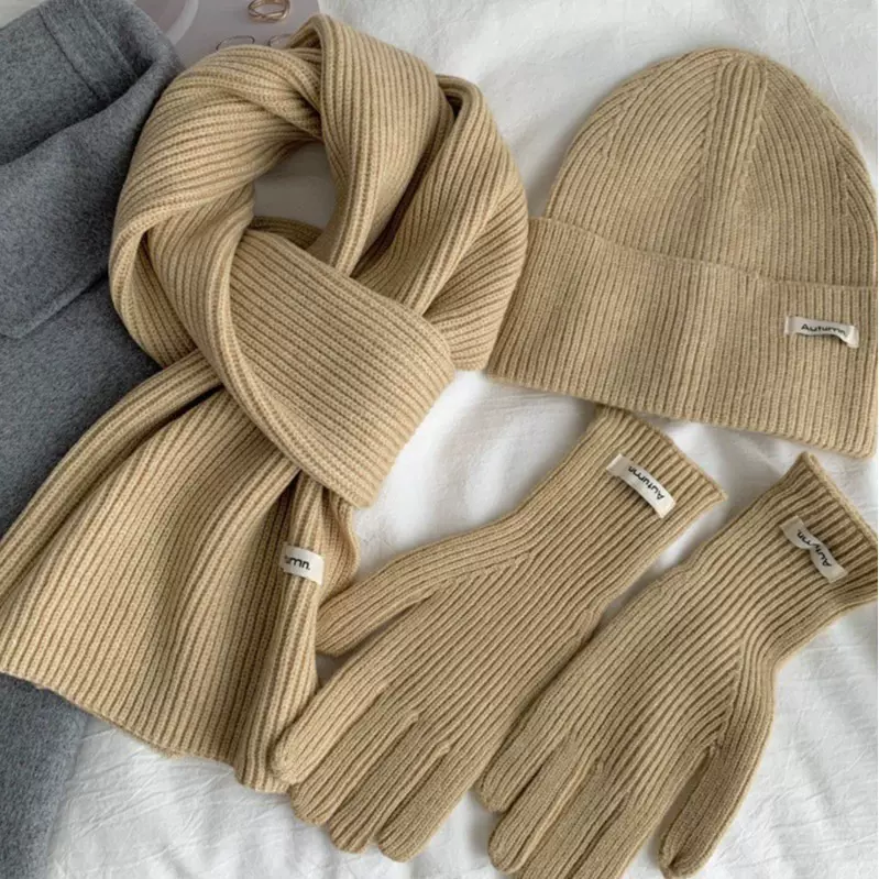 工厂店纯色防寒围脖三件套情侣手套围巾帽子三合一保暖套装自然风