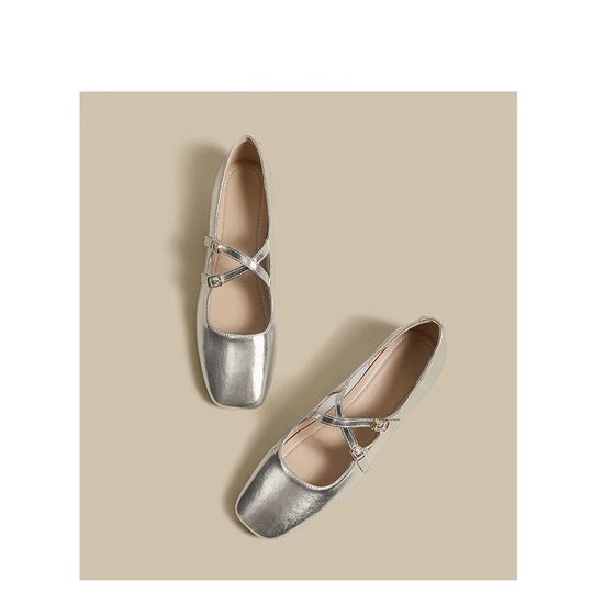 French Mary Jane women's shoes 2024 New Summer small leather shoes low-cut low heel elegant popular ballet silver single-layer shoes