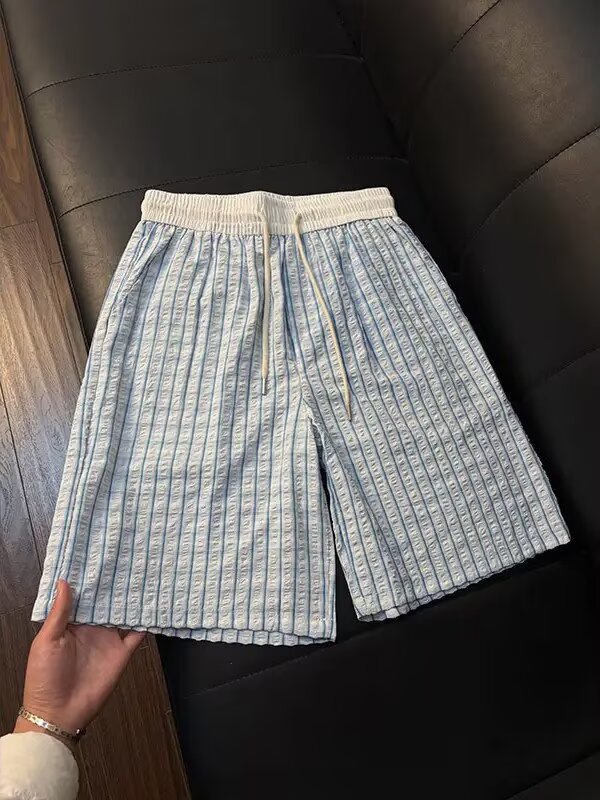 Men's Thin Seersucker Ice Silk Plaid Quick Drying Beach Shorts Summer Athletic Capri Pants_viptrois.com