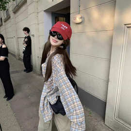 美式复古宽松格纹衬衫女2025年新款设计感长袖百搭慵懒风防晒上衣