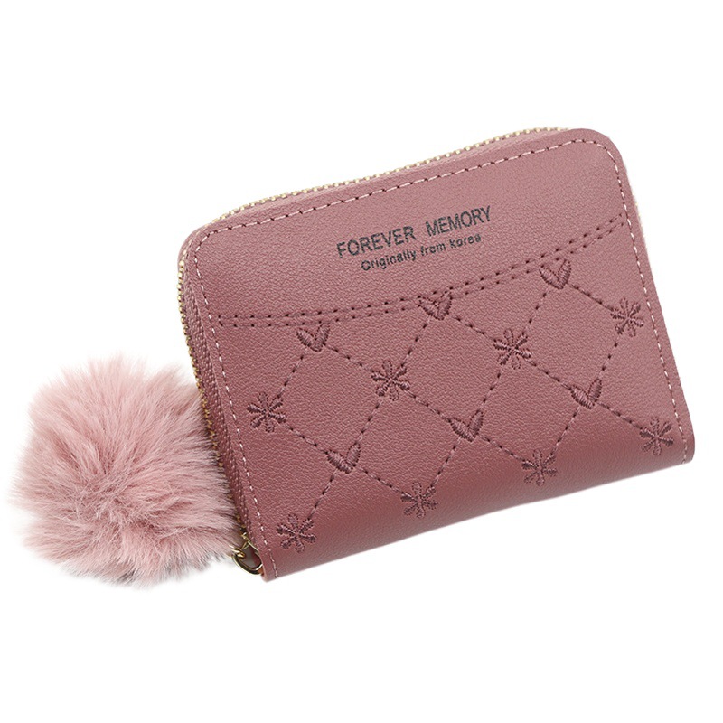 Cartera corta de mujer simple fresca bordada bola de piel de color sólido triple embrague titular de la tarjeta monedero cartera al por mayor