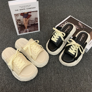 Online celebrity ins platform slippers women's summer casual personality sweet PVC muffin lace-up student flat shoes wholesale