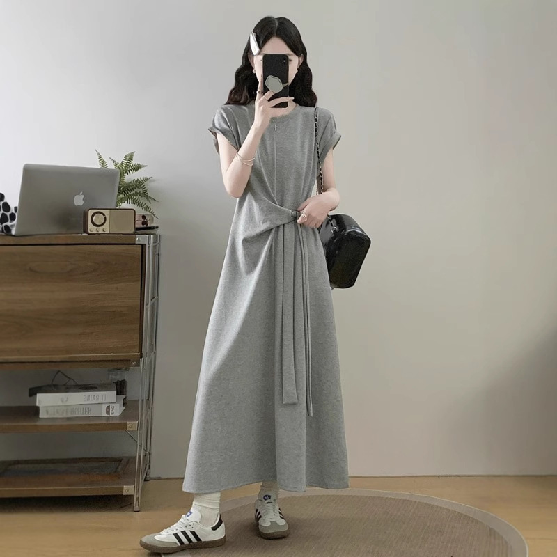 Lazy Style Gray Right Shoulder Dress 2025 New Summer Style Large Size Fat mm Pear-Shaped Waist Slimming Look Draped Long Skirt