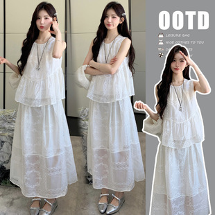 2025 New Summer Two-Piece Fashion Tencel Embroidered Sleeveless Babydoll Shirt Skirt Maternity Suit Pig Nose Buckle