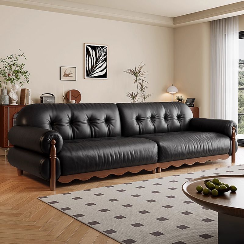Italian-Style Living Room Cowhide Light Luxury Small Apartment Retro Sofa French Sofa Black Antique Straight Sofa Wood