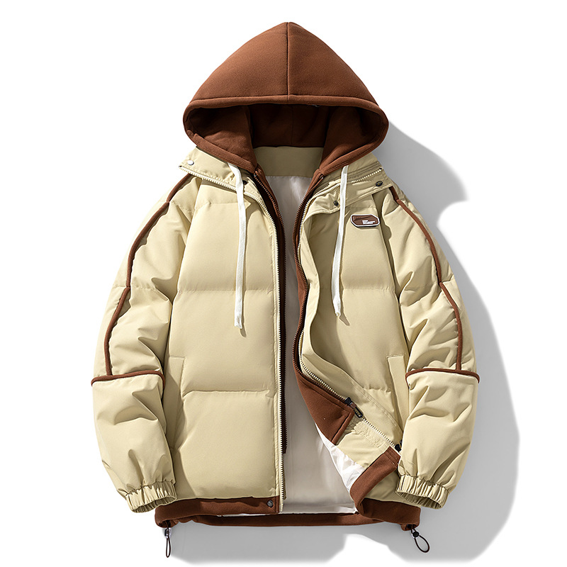 2024 ropa acolchada de algodón casual para hombres de invierno, chaqueta de tendencia de todo fósforo de color de contraste juvenil, ropa acolchada con capucha de moda para estudiantes al por mayor