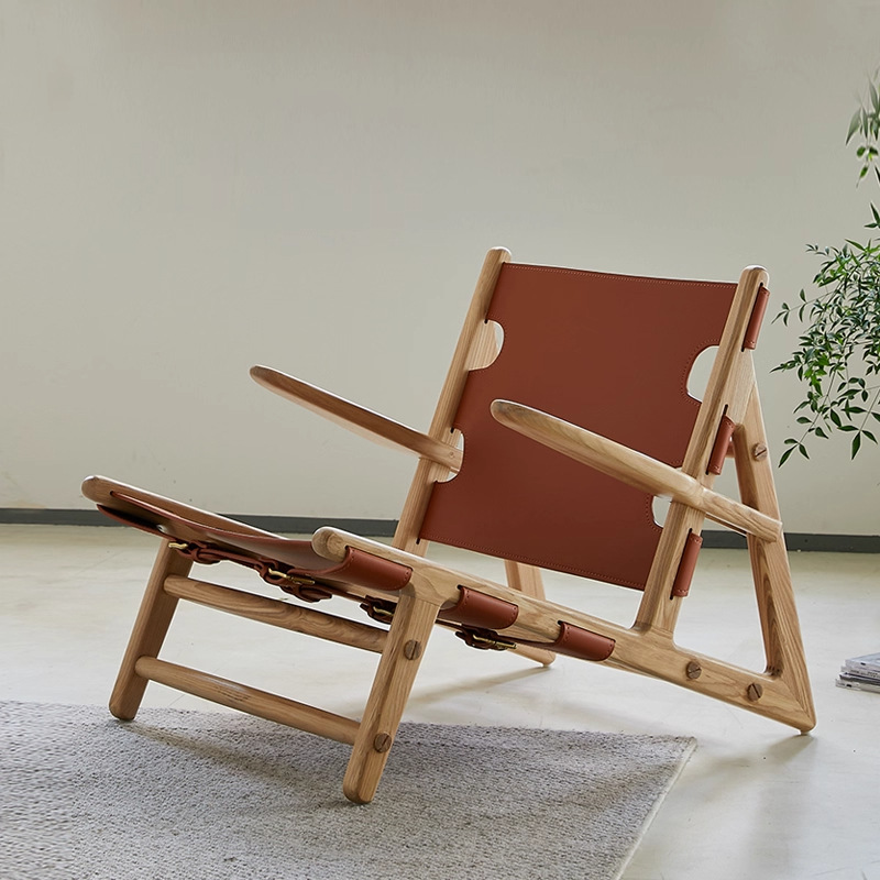 Hunting Chair Solid Wood Single Sofa Chair Designer Saddle Leather Leisure Chair Living Room Retro Chair Balcony Back Chair