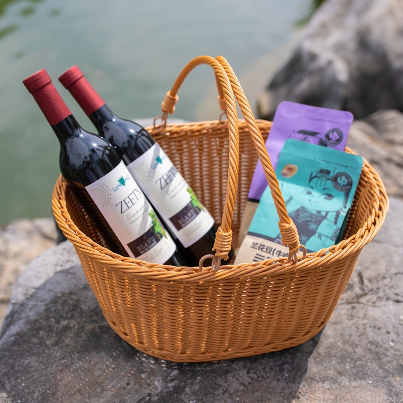 仿藤籃編織手提籃戶外收納籃水果籃蔬菜筐野餐籃超市購物籃藤筐