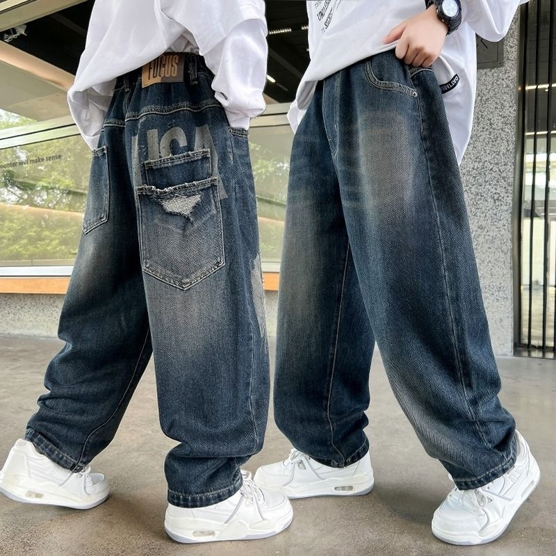 New style boys' jeans for spring and autumn, long pants, Korean style, fashionable harem pants, domineering, big kids' loose-fitting curved pants