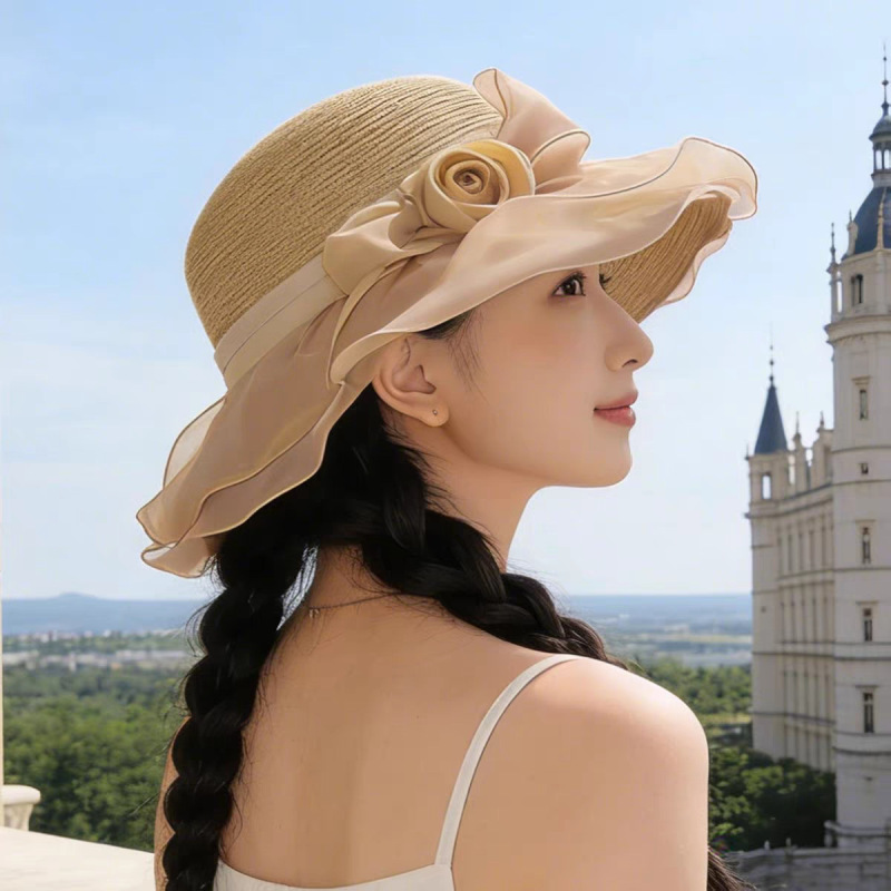 High-Quality Lace Flower Straw Hat for Women, New Summer Style, Elegant and Stylish, Straw Sun Hat with Large Brim for Sun Protection