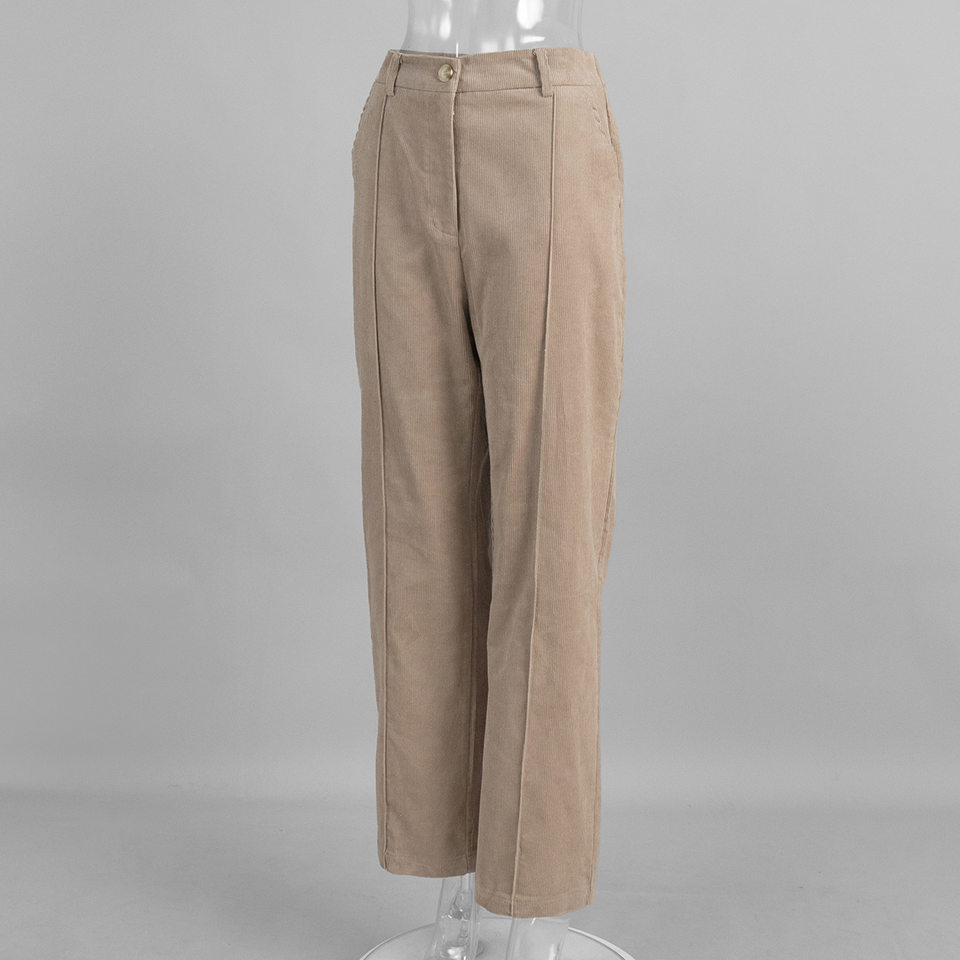 Quần ống rộng nữ cotton nhung kẻ sọc dáng suông lưng giữa phong cách retro — kaki nhạt, mơ chi tiết 4