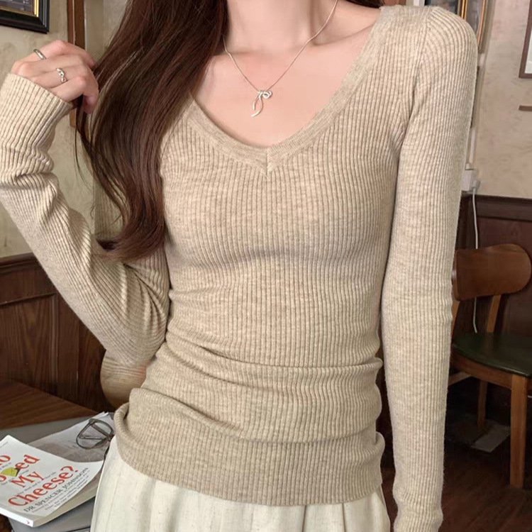 诗之韵新款韩系针织长袖安迪绒v领毛衣打底衫女内搭气质显瘦上衣