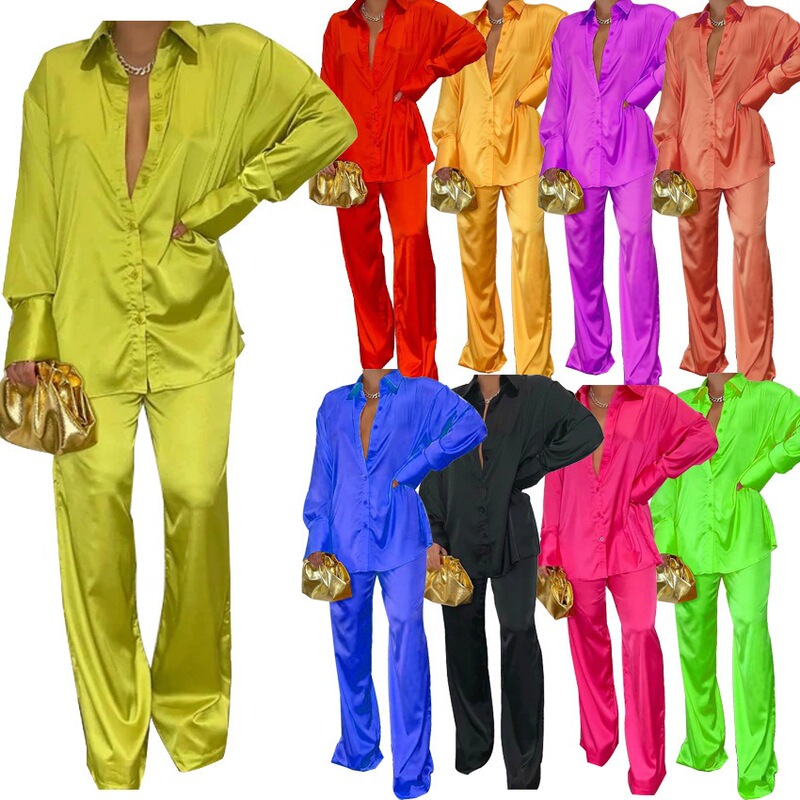 2026 Cross-Border European and American Amazon Women's Fashion Solid Color Satin Simple Loose Casual Set with Shirt Collar and Long Sleeves 2026 Cross-Border European and American Amazon Women's Fashion Solid Color Satin Simple Loose Casual Set with Shirt Collar and Long Sleeves