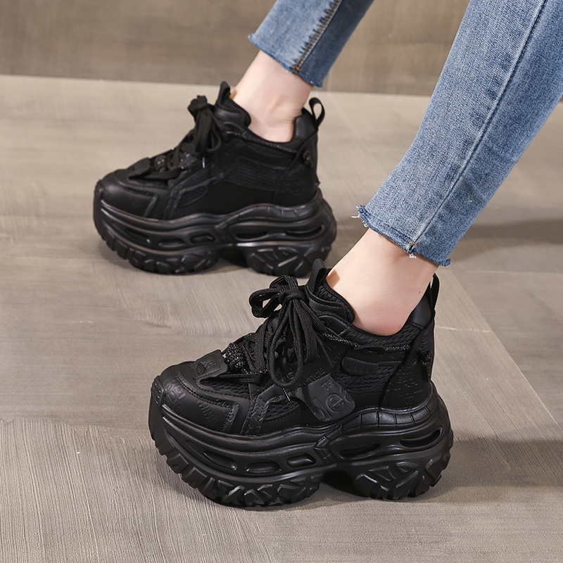 Giày sneaker nữ đế dày tăng chiều cao 12cm mặt lưới thoáng khí — Tro thô