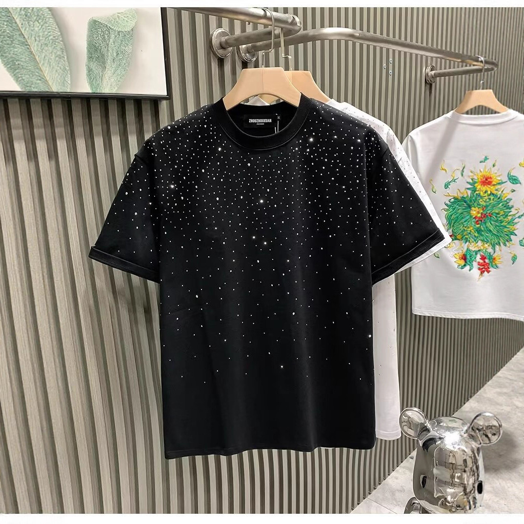 Men's Trendy Starry Sky T-Shirt With Rhinestones Loose Fit Short Sleeved Top For Mature Style_viptrois.com