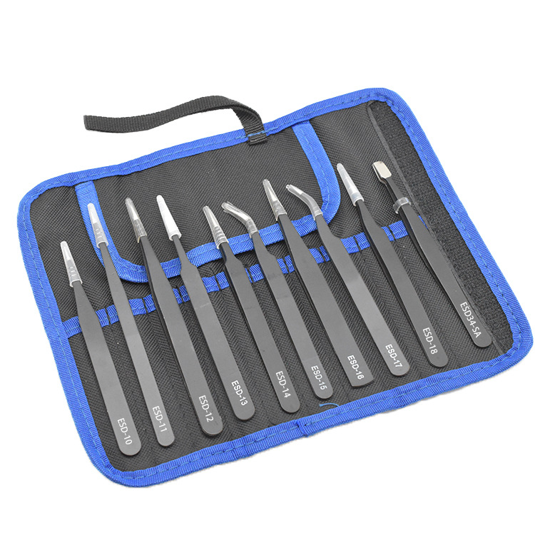 Venta al por mayor bolsa de lona de 9 piezas pinzas traje ESD anti-estática punta codo pelo recoger injerto pestañas eliminación reparación de la máquina