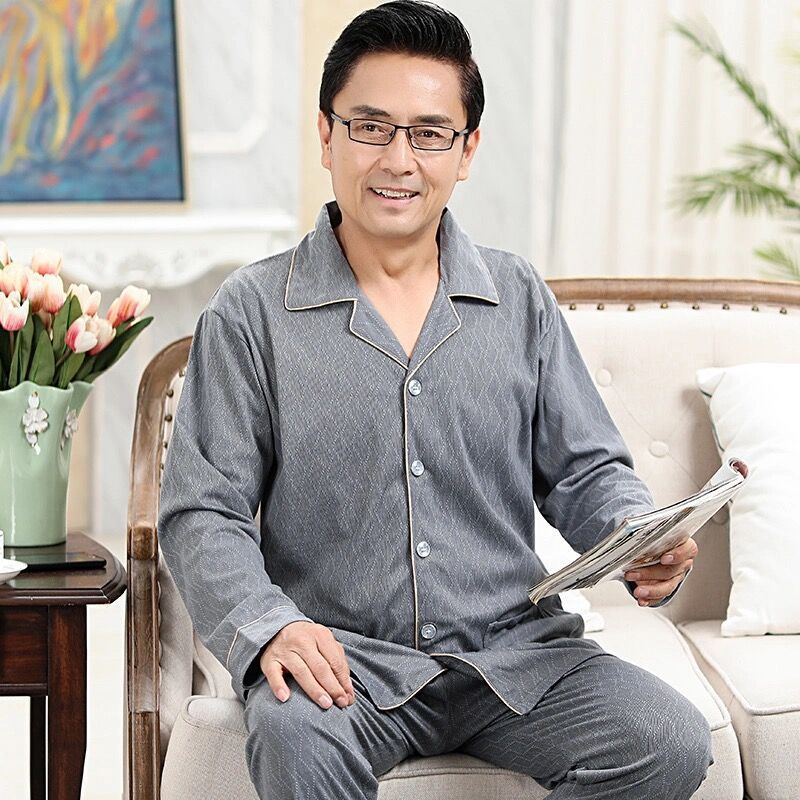 Pajama de mediana edad hombre primavera y otoño manga larga cardigán hombre de mediana edad set de ropa para el hogar