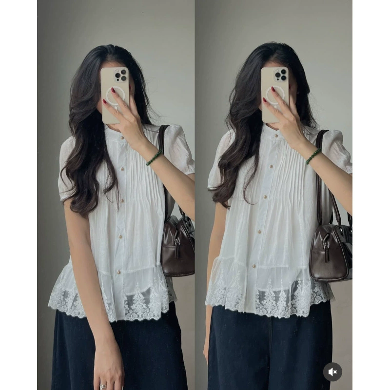 Плиссированная кружевная рубашка в корейском стиле, женская летняя новая свежая и универсальная рубашка во французском стиле с пышными рукавами