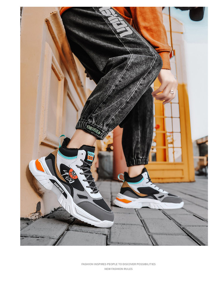 Giày sneaker cao cổ phối màu, lót nhung giữ ấm, đế cao su, dây buộc — 9013 Mẫu giày đơn Bai Lanyue, 9013 mẫu giày đơn màu đen và vàng, 9013 mẫu giày đơn màu đen xám, 9013-1 cộng với nhung trắng đen xám chi tiết 18