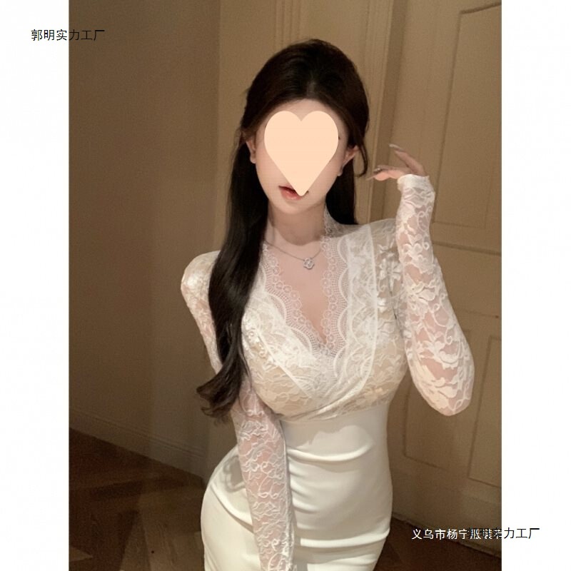 Lace Splicing Long-Sleeved Collared Dress for Women in Early Autumn, Mature and Sexy Short Skirt, Tight-Fitting Hip-Hugging Skirt Lace Splicing Long-Sleeved Collared Dress for Women in Early Autumn, Mature and Sexy Short Skirt, Tight-Fitting Hip-Hugging Skirt