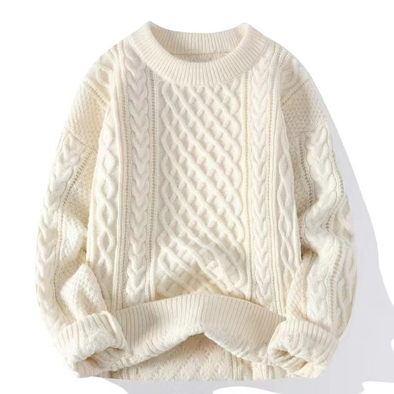 Suéter de cuello redondo de color sólido para hombres texturas de torsión en la camisa de base de invierno y otoño caliente comercio exterior al por mayor transfronterizo image 14