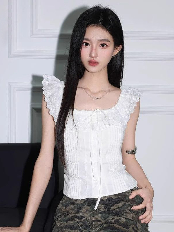 荷叶边法式白色无袖衬衫女夏季甜美修身衬衣温柔chic显瘦百搭上衣|undefined