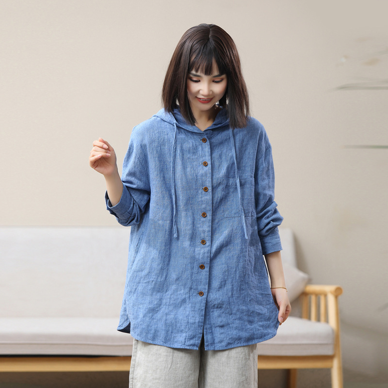 早春新款汉麻亚麻雨露麻连帽长袖文艺休闲宽松衬衫外套