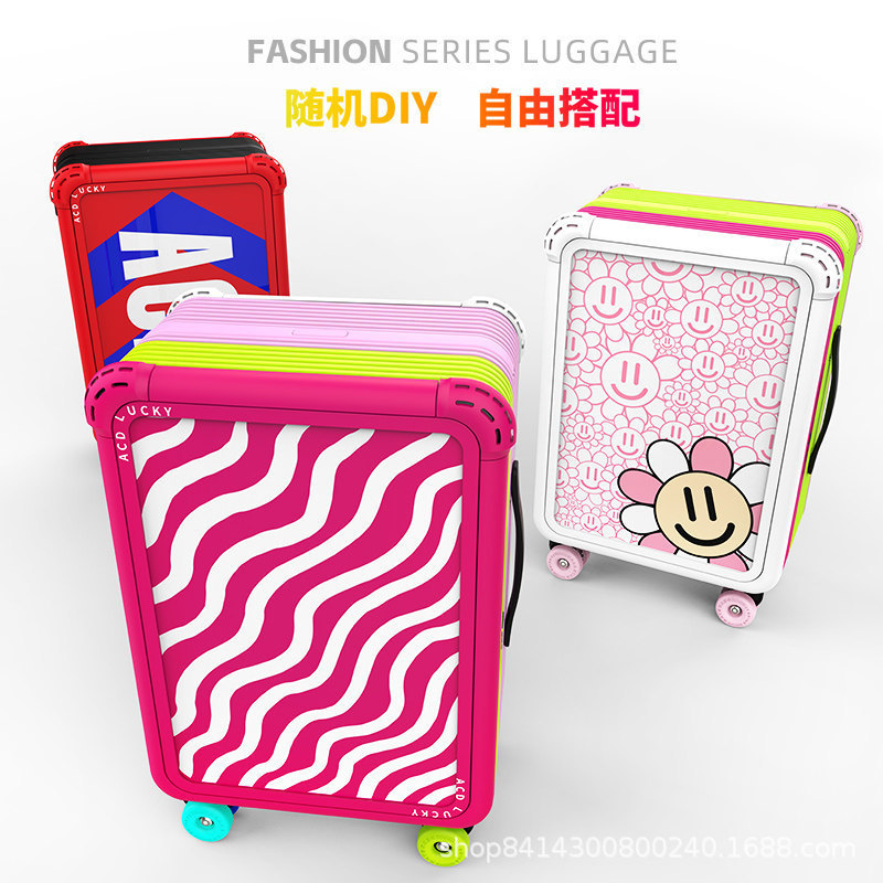 Creative Niche Travel Suitcase, Fashionable Trendy Luggage, 20inch Carry-On Suitcase, Dopamine Color-Blocking Logo Design Di