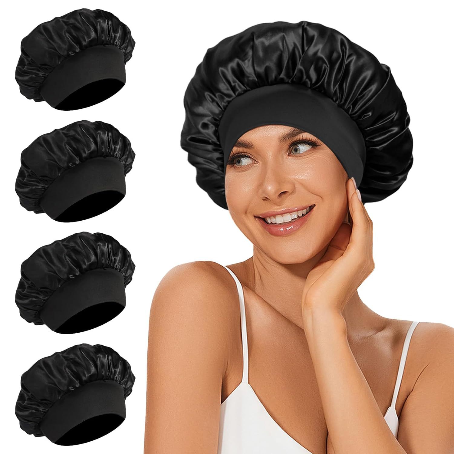 Amazon damas de borde ancho de alto elástico sombrero, sombrero de dormir, sombrero de baño, sombrero de quimioterapia, sombrero de seda, sombrero de cuidado del cabello transfronterizo