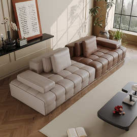 劳伦斯直排真皮沙发意式极简客厅别墅大户型大平层设计师皮艺沙发