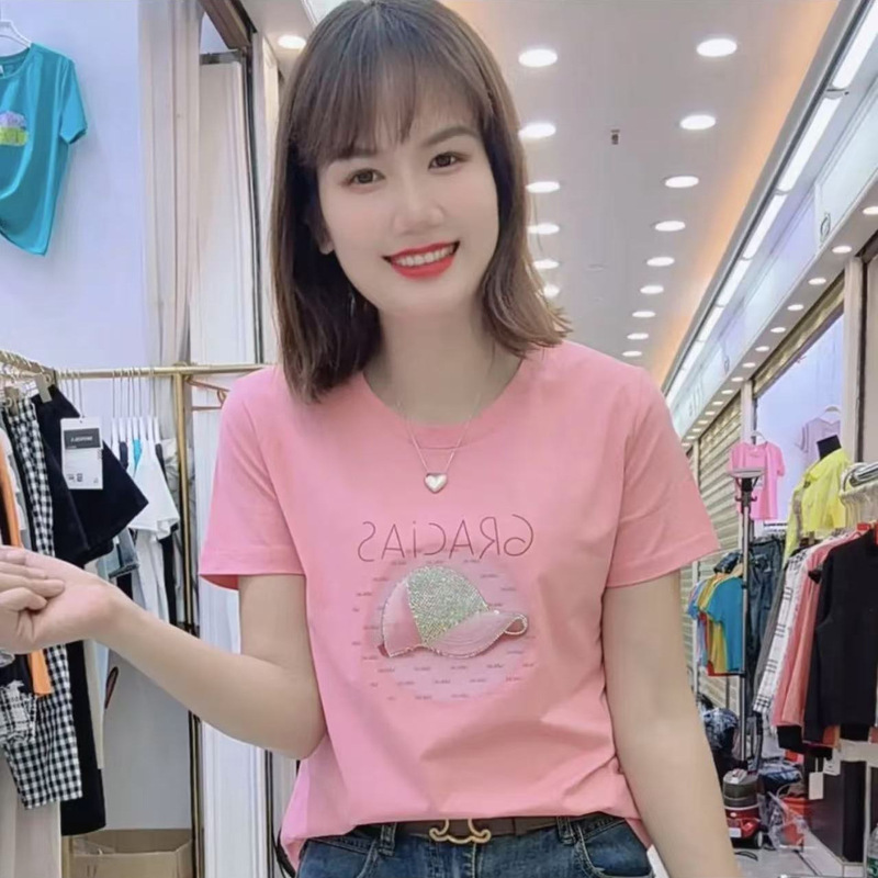 Summer Fashion Printed and Hot-Drilled Women's T-Shirt 210g 40 Count 1×1 Rib Cotton (92 Cotton 8 Spandex) (