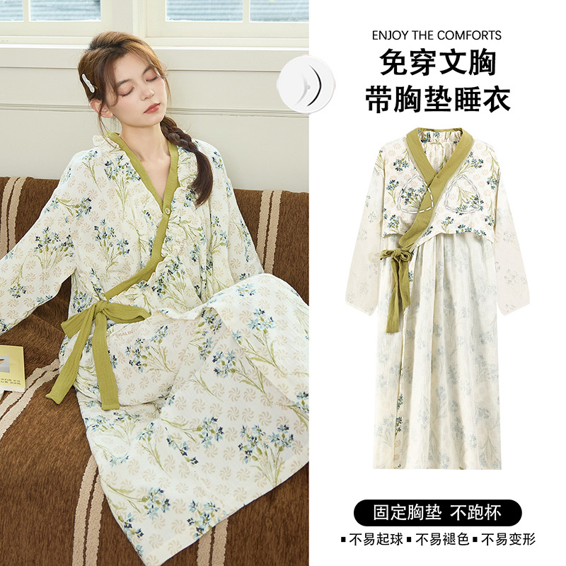 Nightgown with Breast Pads, All-In-One Summer Cloud Cotton Short-Sleeved Sweet Lace-Up Mid-Length Kimono Nightgown for Girls