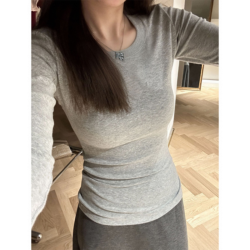 Original In-Stock Fleece-Lined Gray Crew Neck Long-Sleeve T-Shirt for Women, Autumn and Winter Slim-Fit Base Shirt with Regular Shoulders