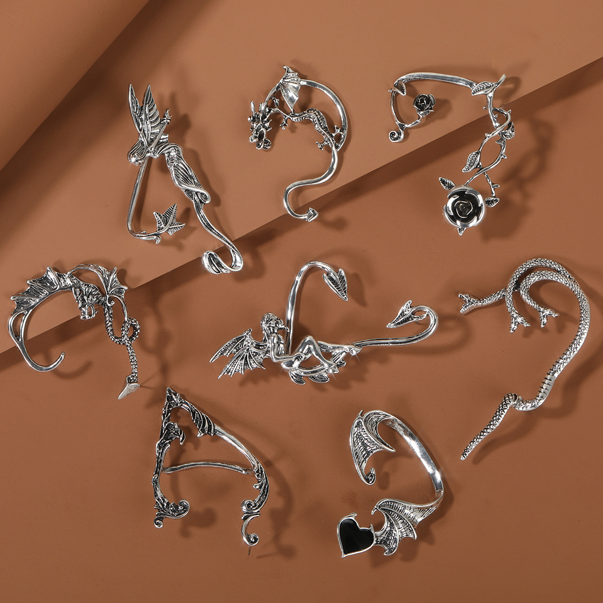 Orecchini gotici retrò con ali da elfo, clip per le orecchie per le donne, stile dark, stile punk, orecchini da diavolo, orecchini a forma di drago, ganci per le orecchie_voghion.com