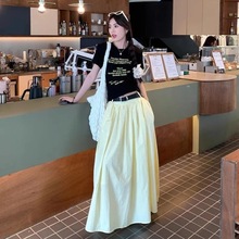 韩系套装美式字母印花短袖正肩T恤女装夏季A字半身裙慵懒风两件套