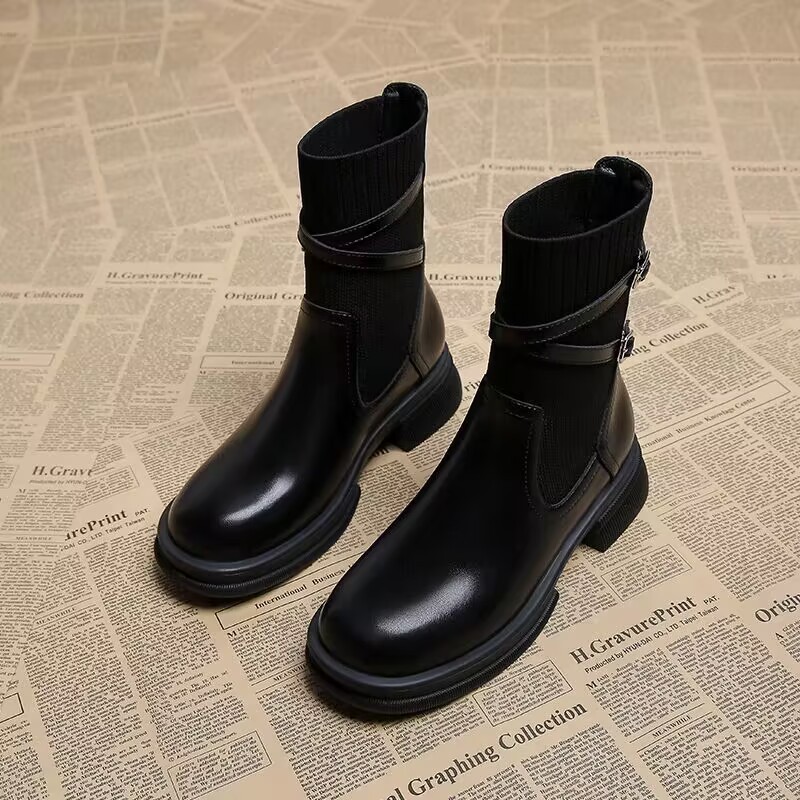 2023 Autumn/winter New Retro Socks and Boots Brown Thick Soled Thick Heel Thin and Thin Boots Korean Short Boots_voghion.com