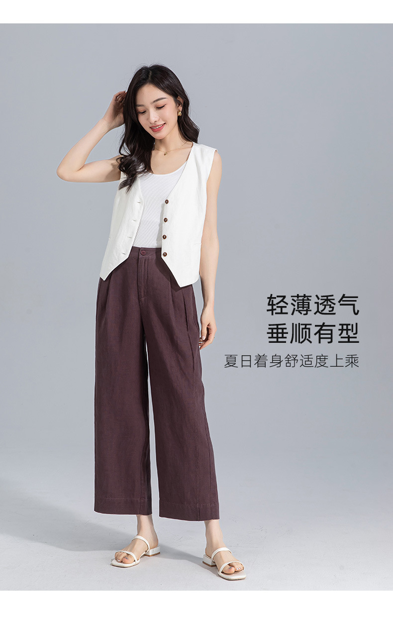 Quần ống rộng nữ cạp cao suông rộng dáng 9 phần vải linen lyocell — màu xanh hải quân chi tiết 19