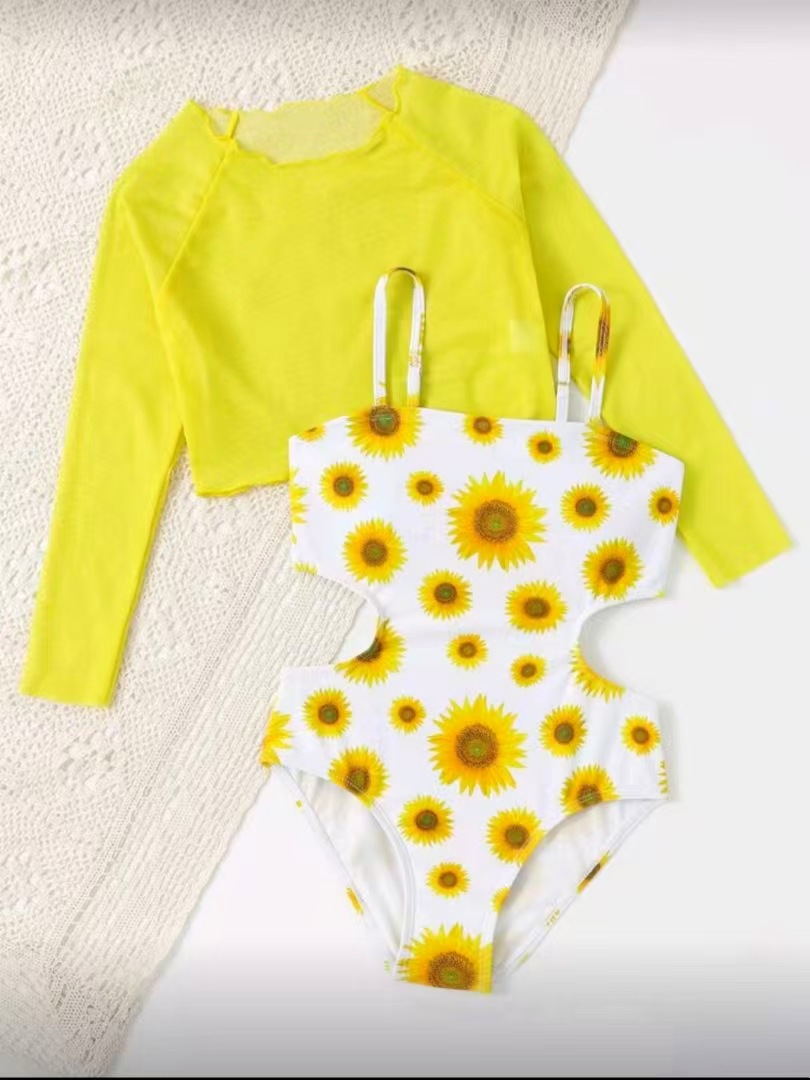 Mädchen Sonnenblumen Mesh Badeanzug Stilvoller Zweiteiler_voghion.com