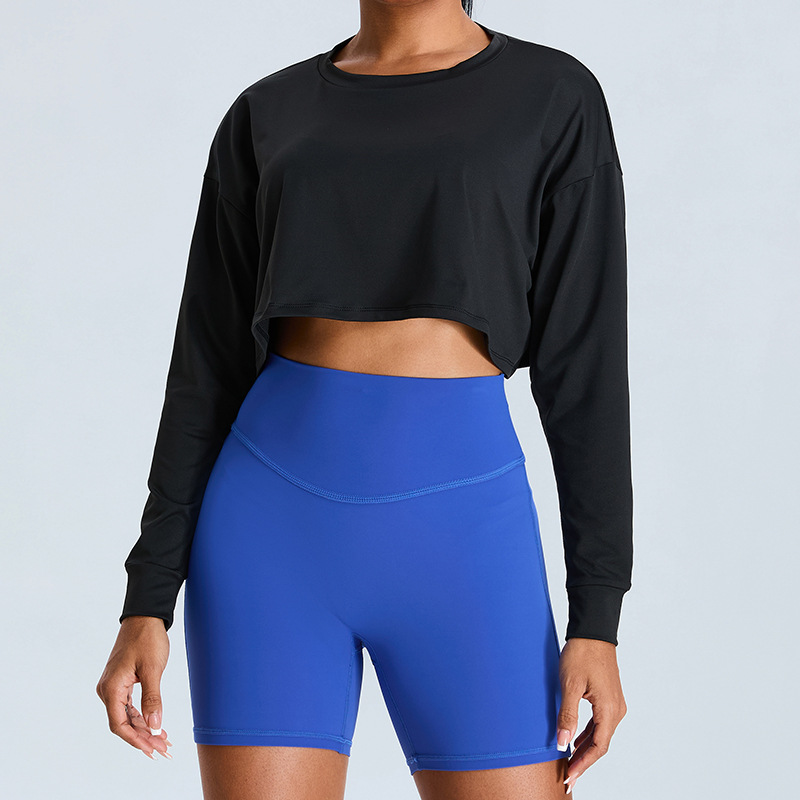 Otoño nuevo estilo ropa de yoga manga larga mujer cuello redondo casual ropa deportiva suelta correr ropa de fitness corta delgada top