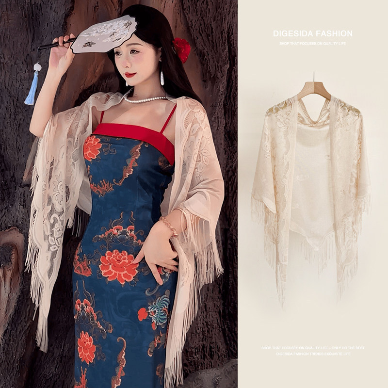 Lace Layered over a Qipao with a Shawl for Women, Thin Gauze Scarf for Spring and Summer, Sun Protection Cape, Versatile Decorative Scarf, Cardigan Lace Layered over a Qipao with a Shawl for Women, Thin Gauze Scarf for Spring and Summer, Sun Protection Cape, Versatile Decorative Scarf, Cardigan